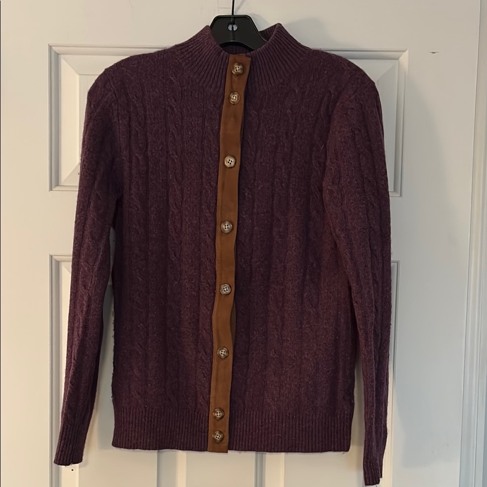 Raffi Purple Cable Knit Cardigan with suede Trim
